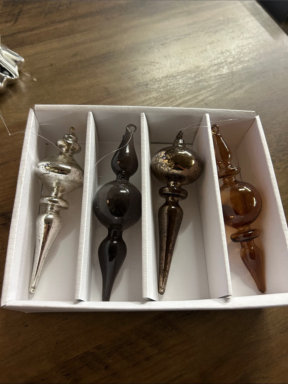 Set of 4 Glass Finial Ornaments in Silver, Black, Bronze and Amber